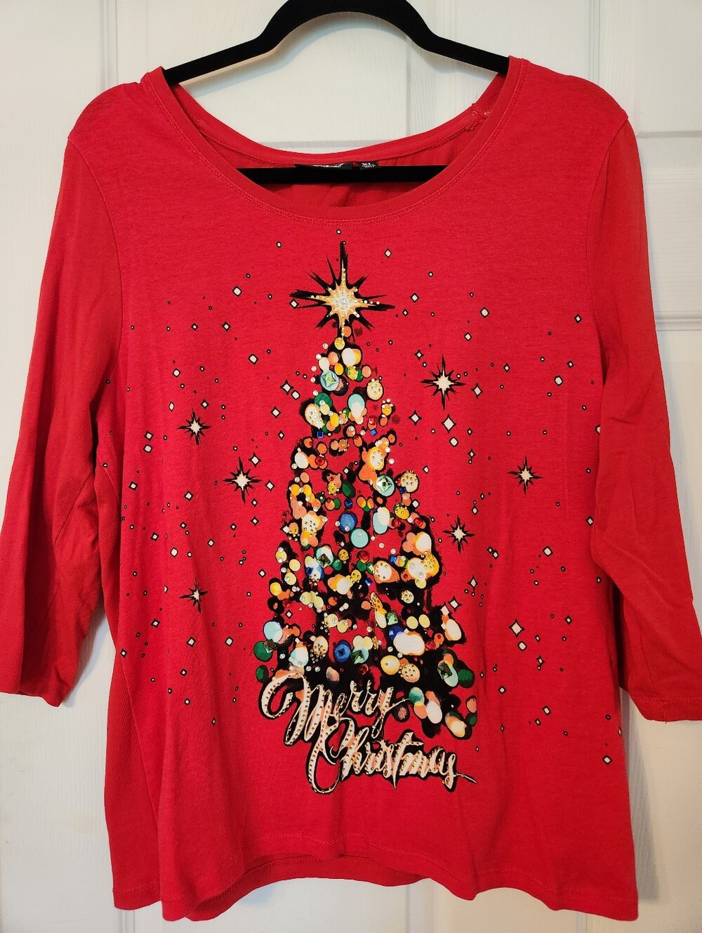 Onque Casuals, Women's Red Merry Christmas Tree Graphic Top, sz xl